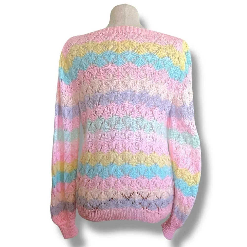 Vintage 1970s Womens Hand Knit Sweater Sz Medium Pointelle Pastel Fairy Kei - Picture 7 of 7